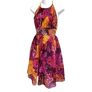 Aidan Mattox Floral Chiffon Halter Beaded Waist Handkerchief Silk Dress